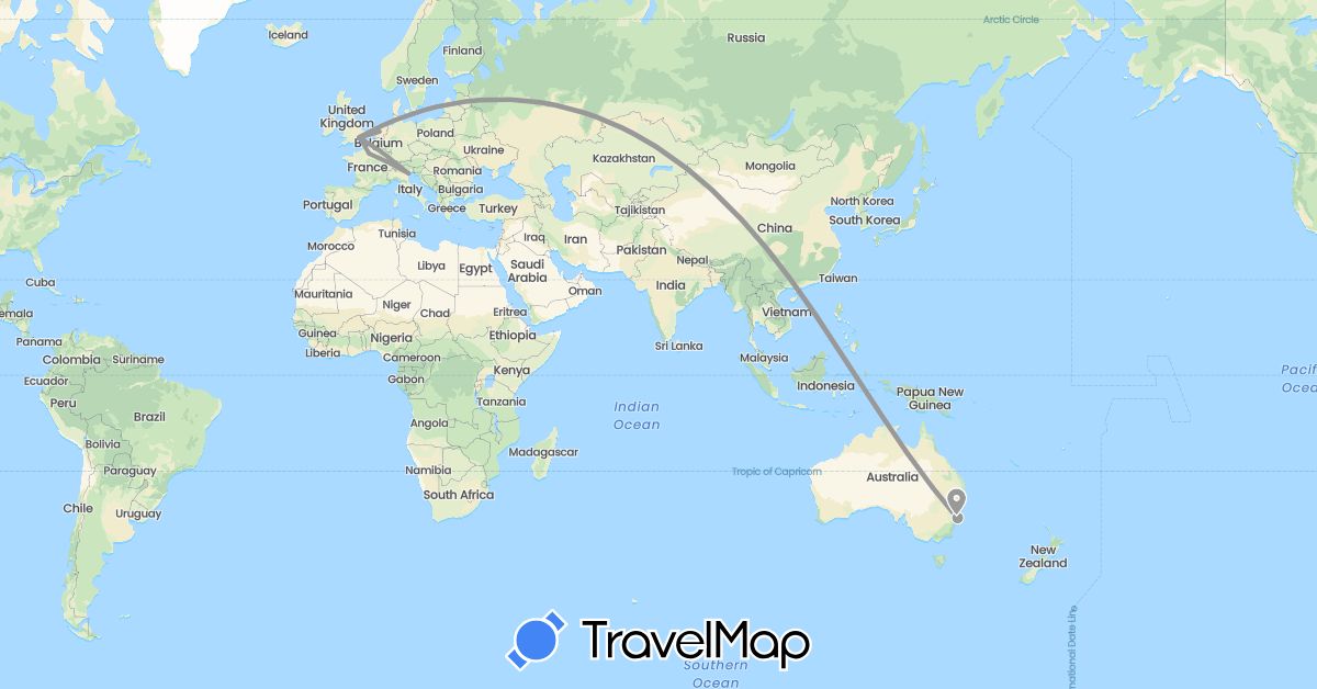 TravelMap itinerary: driving, plane in Australia, France, United Kingdom, Italy, Netherlands (Europe, Oceania)
